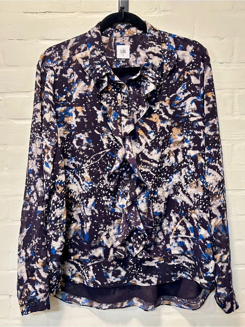 Cabi “Starry Night” Cascading Ruffle Front Blouse Size Large Whimisigoth Artsy